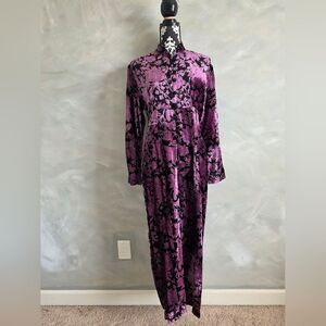Vintage Velvet Purple Black Floral Patterened Long Dress Kick Split Button M